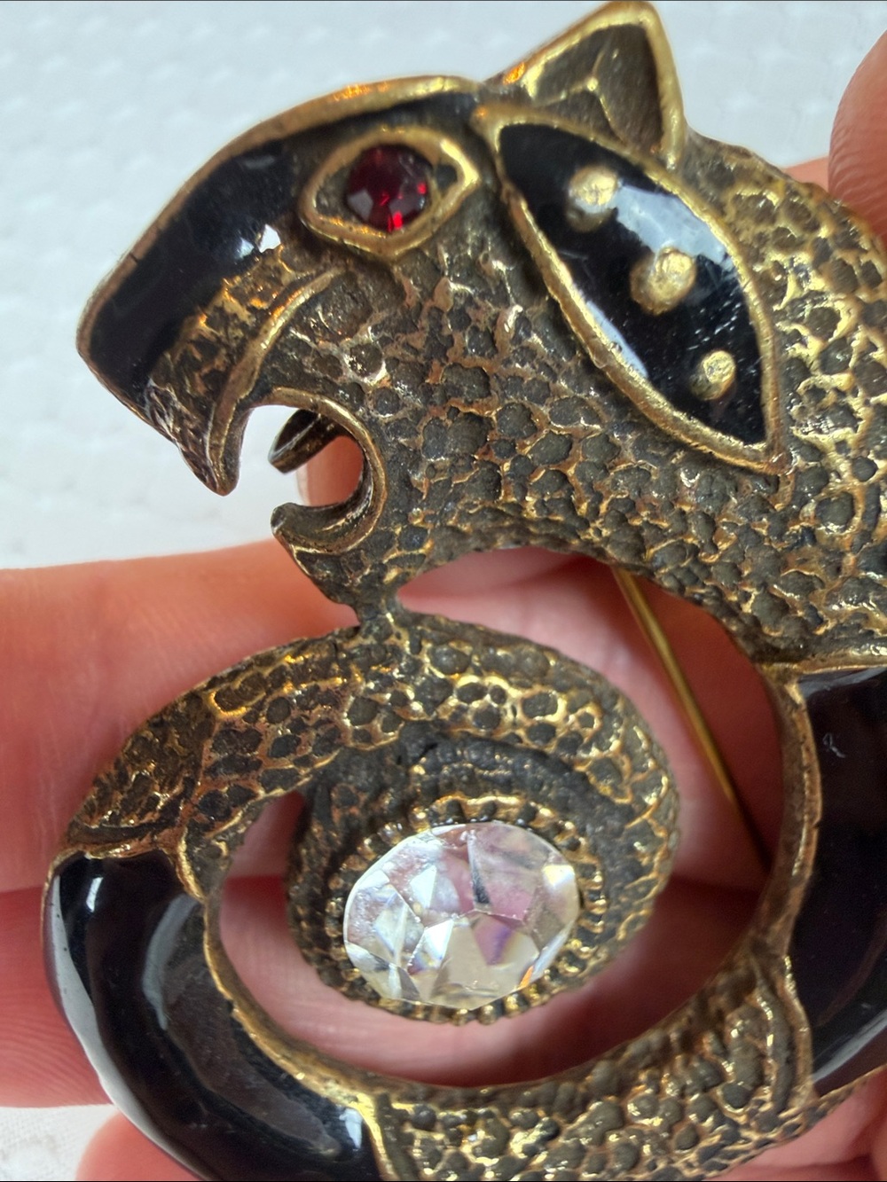 Gold-Tone Black Enamel Snake Brooch with Clear Crystal Accent